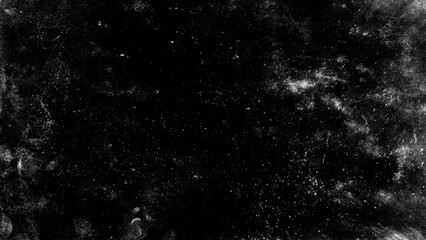 Fototapeta premium Abstract dark background with white dust and grain, textured surface for overlay effects, grunge design element, copy space for text, black and white texture.