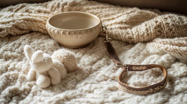 A well worn leather dog leash next to a ceramic bowl on blanket