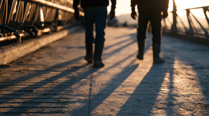 Fototapeta premium Golden hour light falling across rural dairy farm where two undocumented Mexican workers finish evening milking rounds, industrial milking equipment nearby, long shadows across concrete barn floor, 