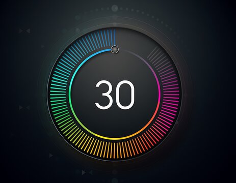 Abstract circular digital countdown timer with rainbow gradient scale.