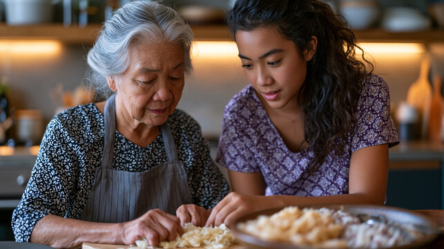 Elderly Vietnamese grandmother teaches teenage granddaughter traditional cooking technique in modern kitchen on quiet July Sunday, intergenerational knowledge transfer, family heritage, cultural cui