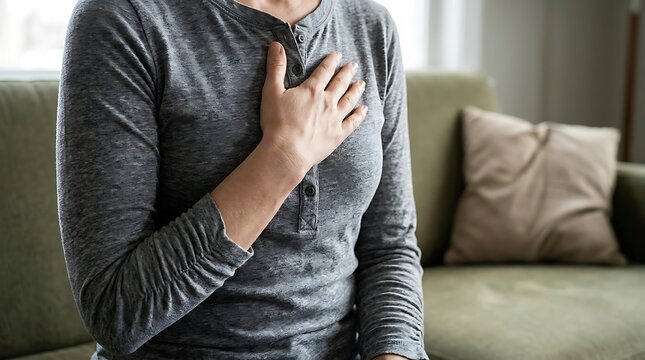 Person clutching their chest in discomfort on a couch at home indoors
