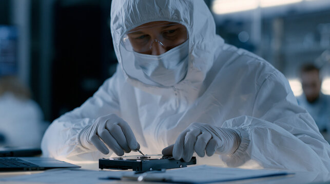 Cyber forensics investigator in sterile evidence collection lab carefully preserves encrypted hard drive using write-blocking hardware, chain of custody documentation visible, digital evidence integ