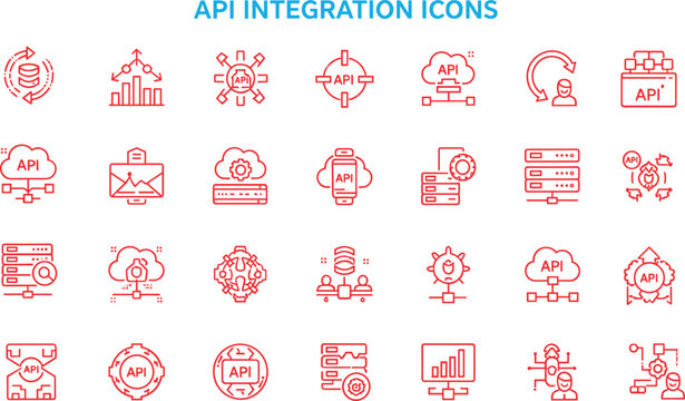 API Integration Icon Set With Cloud Server Data Workflow Automation And Connected Technology Line Vector Illustration Design