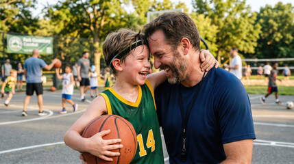 Obraz premium Father coach hugging happy child basketball player on outdoor court. Family summer sport activity and healthy lifestyle. Mentor supporting young athlete in successful game training session.