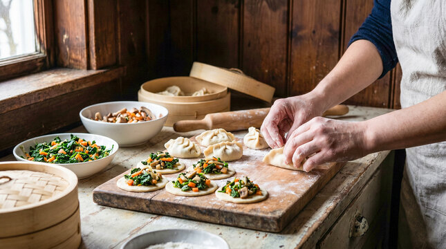 Close-up of a person's hands meticulously folding dough to create homemade dumplings on a rustic wooden kitchen counter, surrounded by ingredients and bamboo steamers.
