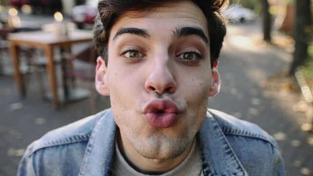 Young man pouting his lips and making a kissy face toward the camera