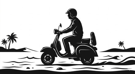 Man Riding Classic Scooter Silhouette on the Beach Background © Lapak orang bejo