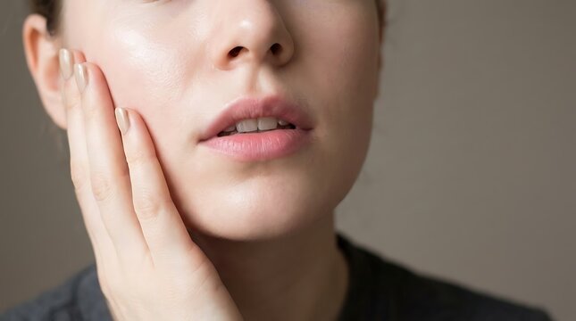 Woman touching her face with hand, experiencing pain or sensitivity on cheek