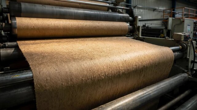 Detailed medium shot showcasing highstrength kraft paper being processed on a largescale paper machine emphasizing durability and robust fiber structure.