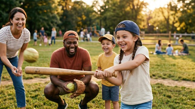 Happy family playing baseball in summer park during sunset. Mother, father and child practicing hitting ball with wooden bat. Active lifestyle and sport recreation for children.