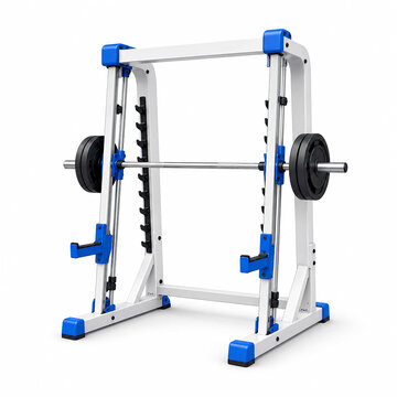 Blue and White 3D Smith Machine with Barbell and Weight Plates on Clean Background