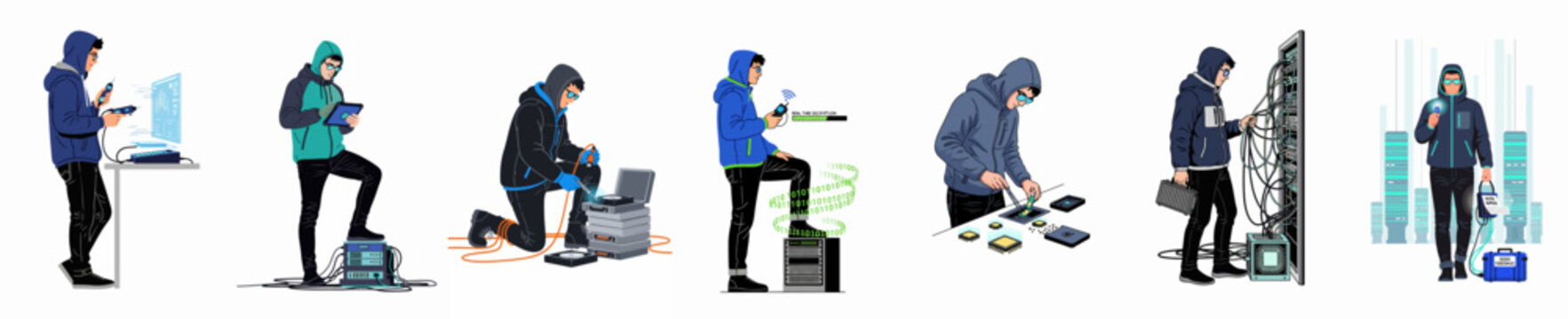 Character set of a hacker or IT expert performing various technical tasks like decryption, server maintenance, and hardware forensic analysis on white background.