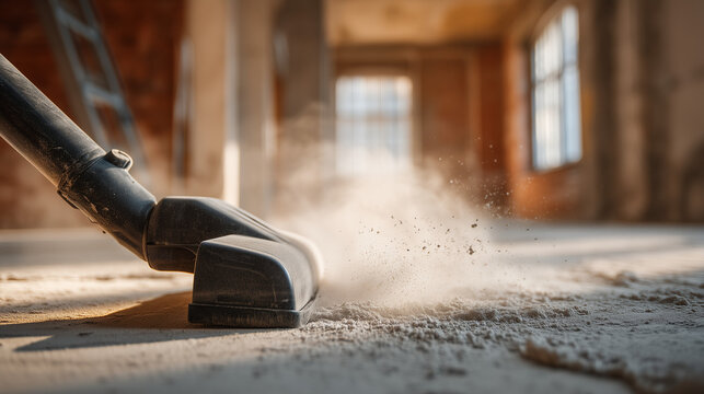 Vacuum cleaner collecting fine dust during interior renovation. Professional cleaning, construction maintenance, air quality improvement and post construction cleanup concept.