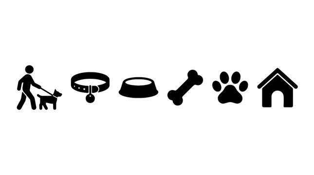 Dog icons, pet symbols, black silhouette set, 6 elements, vector graphics