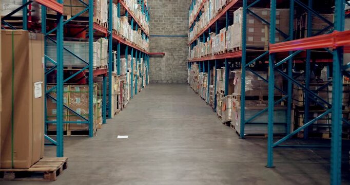 Logistics, shipping and shelf with box in warehouse for supply chain, ecommerce storage and cargo. Inventory stock, empty room and export with parcel in factory for freight, courier and delivery