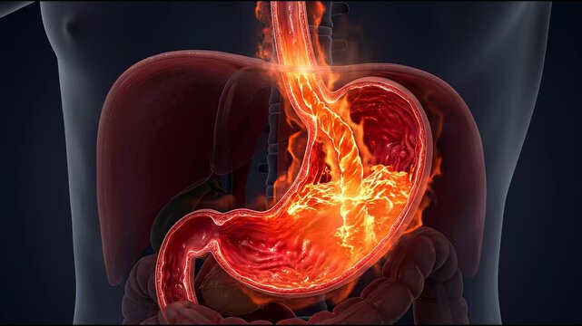 Human stomach internal anatomy with fire representing acid reflux