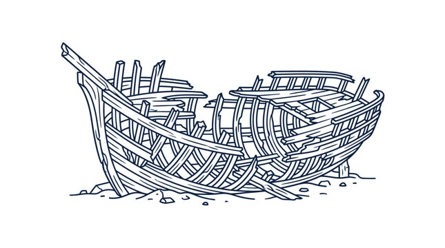 Old wooden shipwreck on sandy beach illustration.