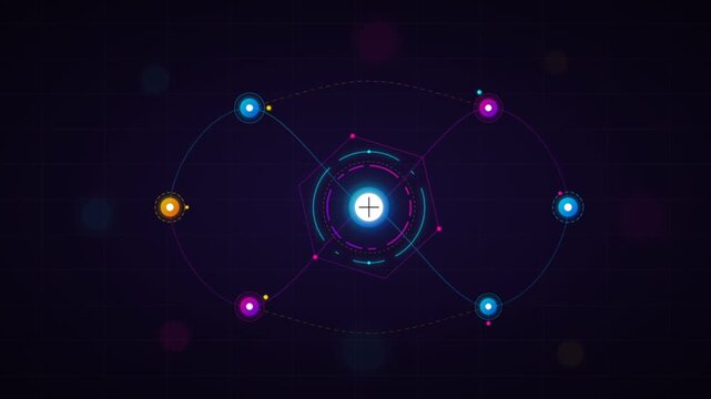 Dynamic Science Animation of Glowing Atom with Orbiting Electrons and Energy.