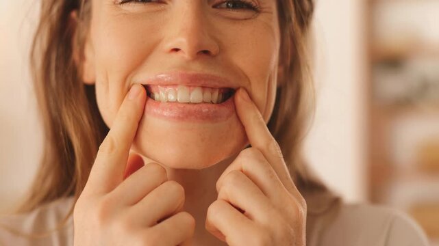 Close up video of woman gently pulling her lower lip to show healthy pink gums and oral care