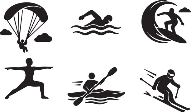Black silhouettes of people doing various sports