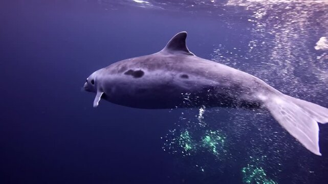 Vaquita porpoise surfacing in the twilight Gulf of California, a rare and majestic marine mammal