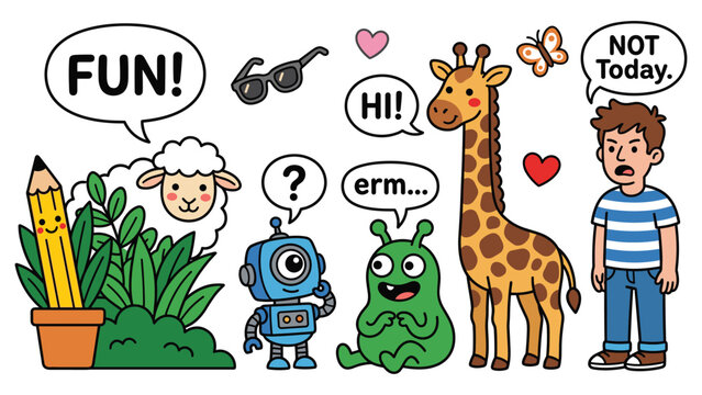 Cute cartoon character doodle set with text bubbles fun not today hi erm question mark.