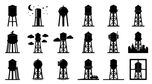 Water Tower Icons, Black Silhouettes, Industrial Symbols, 16 Vector Graphics