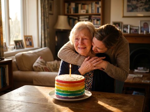 Woman hugs senior woman with rainbow cake on wooden table indoors