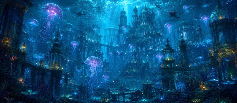 Lost City of Atlantis: A breathtaking underwater metropolis, illuminated by ethereal bioluminescence and populated by majestic jellyfish, evokes a sense of ancient mystery and fantasy.