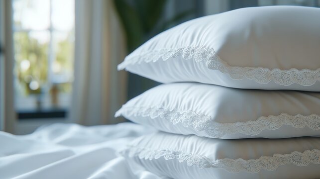 A stack of white cotton pillows on a bed