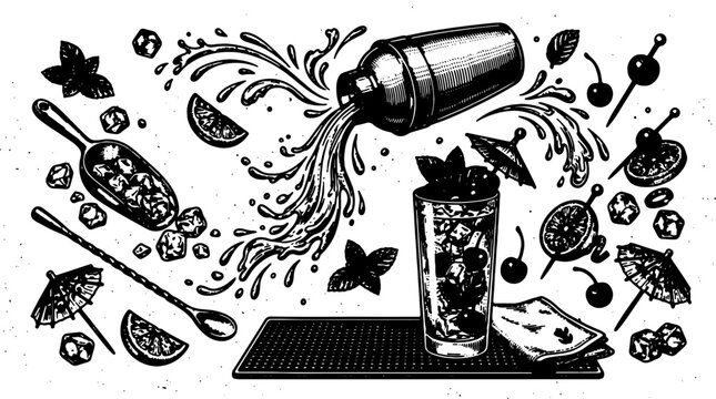 Cocktail, bar, vector icons, black and white,  illustration, drink, mixology, shaker