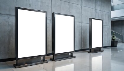 Fototapeta premium Three blank vertical billboard mockups in a modern interior lobby.
