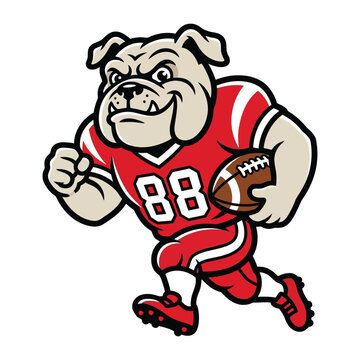 Cartoon bulldog wearing red football uniform with number 88, holding a brown football and running with a determined expression on white background.