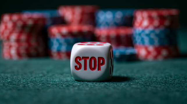 White dice with word stop printed on surface against background of blur casino chips. Concept of gambling addiction, crisis intervention and bad habit breaking. Financial loss prevention.