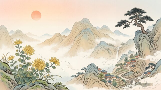 Serene Mountain Landscape in Golden Hour: A breathtaking vista unfolds with mist-shrouded mountains, a solitary pine tree perched on a rocky outcrop.