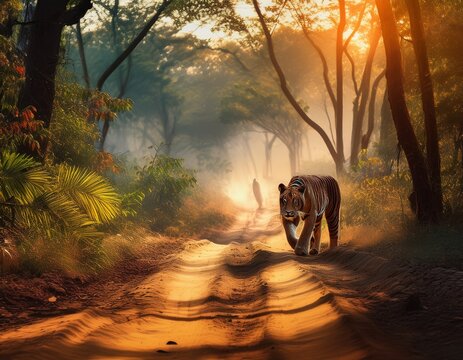 bhadra tiger reserve s dirt path jungle safari double exposure image