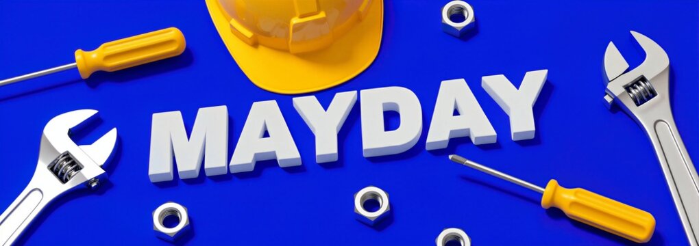 Mayday Labor Day Tools On Blue Background