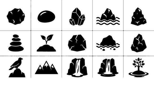Nature Icon Set, 16 Black Silhouette Symbols, Landscape Elements, Ecology, Conservation