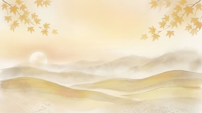 Golden Autumn Hills: A serene landscape depicts rolling hills veiled in a soft mist, bathed in the warm, ethereal light of a setting sun. Golden maple leaves, suspended from branches, drift gently.