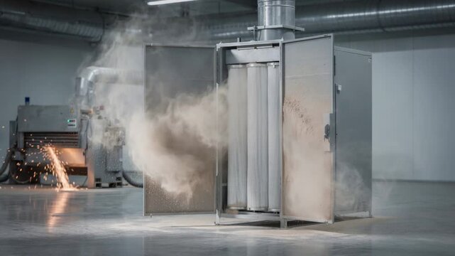 Medium shot capturing a cartridge dust filtration system filtering airborne dust generated by highspeed grinding equipment within a clean industrial environment.