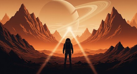 Obraz premium Astronaut Standing on an Alien Desert Planet with a Large Ringed Moon Digital Illustration for Sci-Fi Background