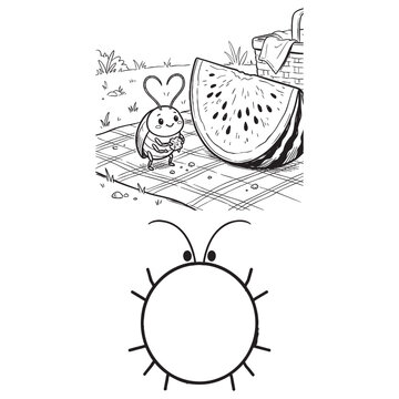 Cute Lovebug Picnic With Watermelon Slice And Round Bug Outline Kawaii Cartoon Insect Coloring Page Summer Design