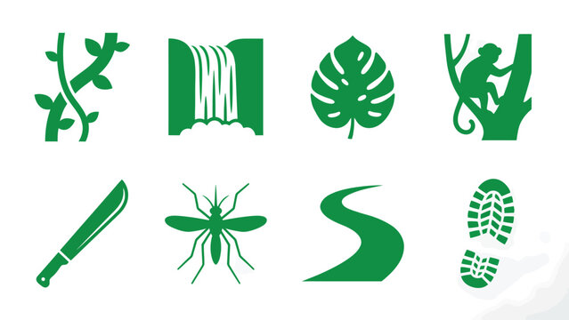 Jungle and rainforest vector icons set, including plants, animals, and exploration elements.