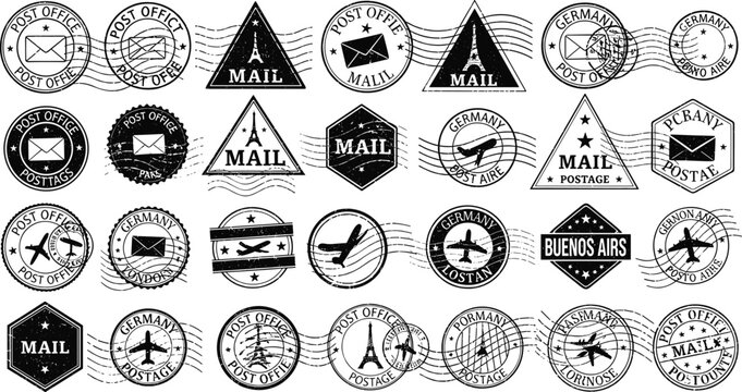 Vintage Postmark and Postage Stamp Ink Collection with Mail Envelope Airplane and Eiffel Tower Symbols for Retro Travel and Shipping Design (21 words)