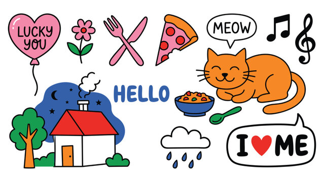 Cute doodle collection with cat house pizza and various lifestyle elements in comic style.