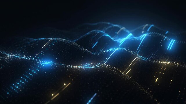 Dynamic digital landscape of glowing blue and gold particles flowing smoothly in abstract motion
