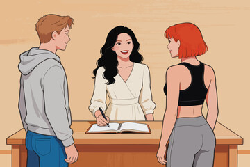 Fototapeta premium Three people communicating at a indoor service desk