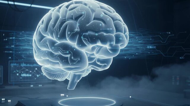 Glowing neural network brain hologram with digital data streams and futuristic technology visualization