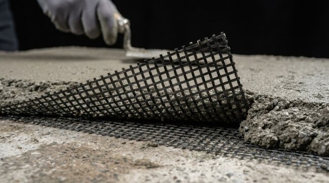 Close Up View of Gloved Hands Installing Metal Mesh on Concrete Floor.